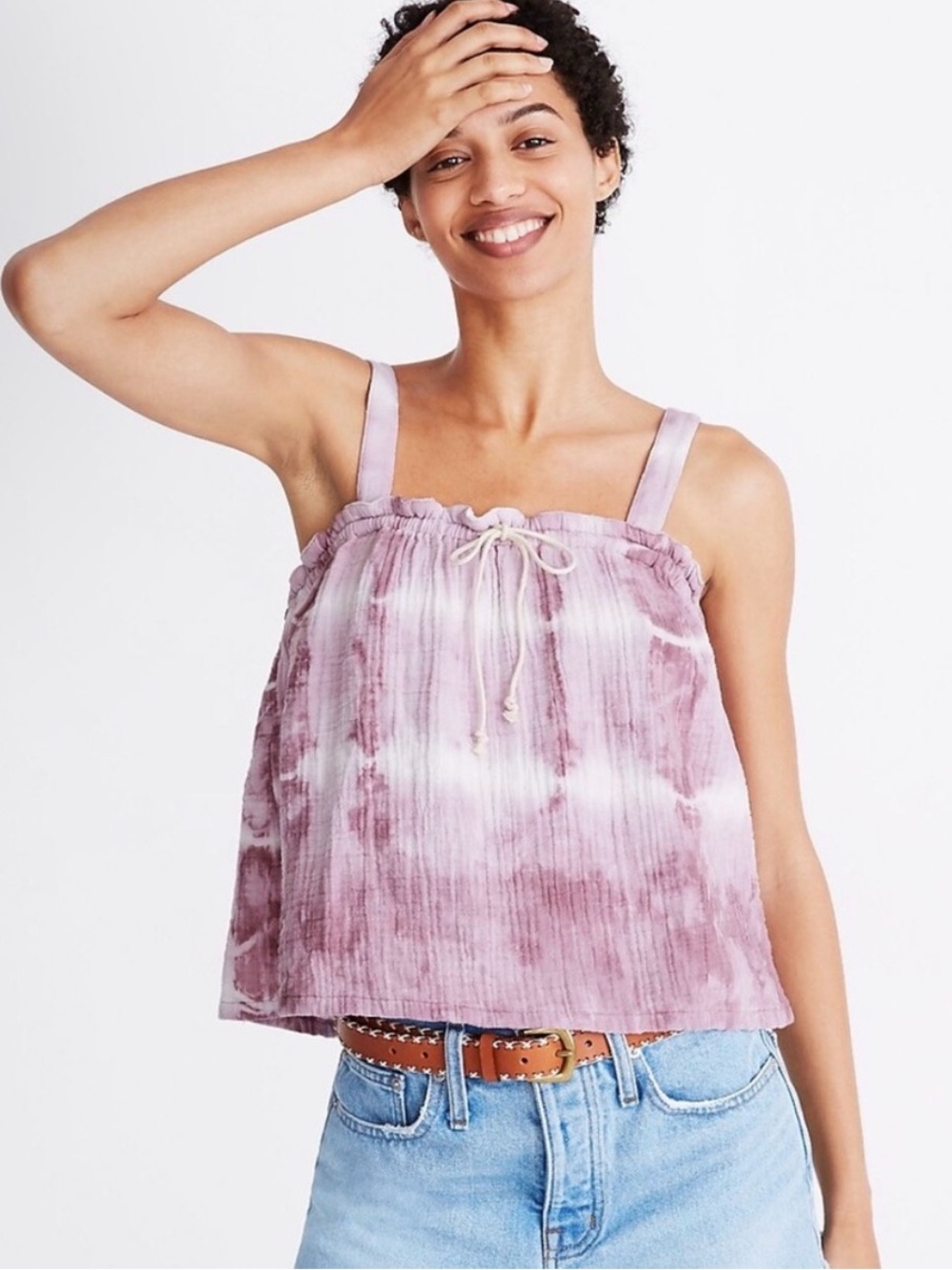 Madewell Tie-Dye Drawstring Cotton Tank Medium Lavender Purple White Boho Crop